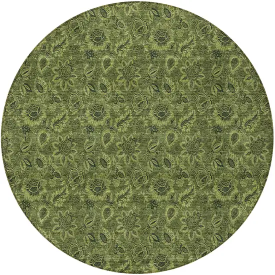 8' Olive Green And Fern Green Round Floral Washable Indoor Outdoor Area Rug Photo 5