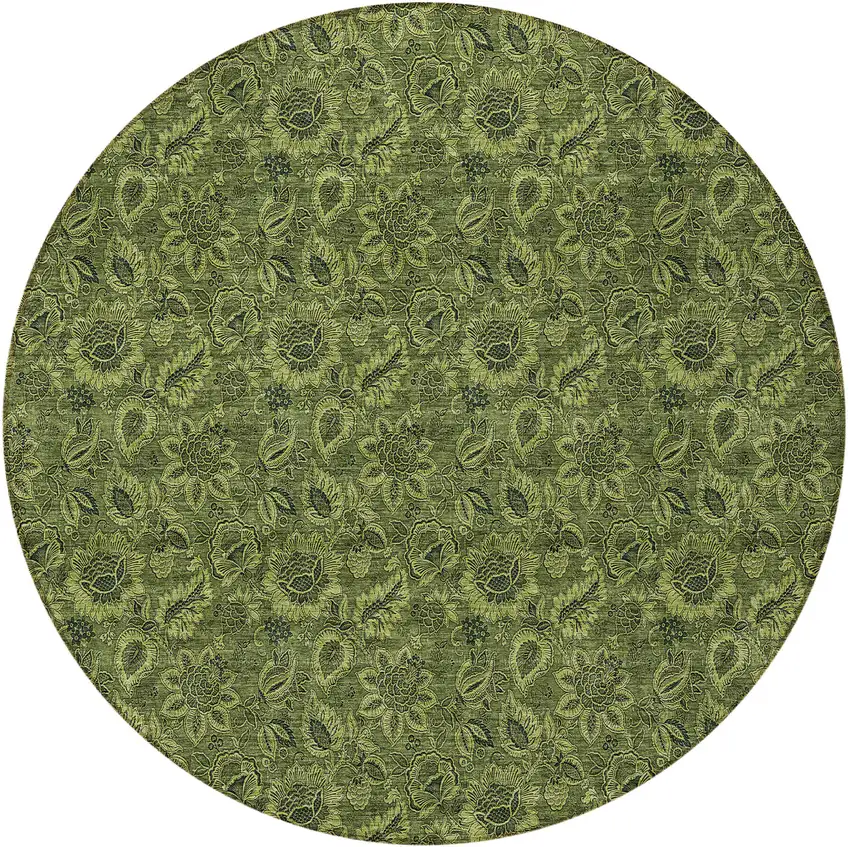 8' Olive Green And Fern Green Round Floral Washable Indoor Outdoor Area Rug Photo 5