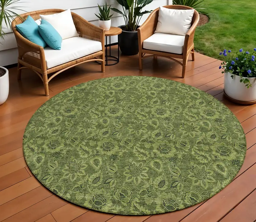 8' Olive Green And Fern Green Round Floral Washable Indoor Outdoor Area Rug Photo 1