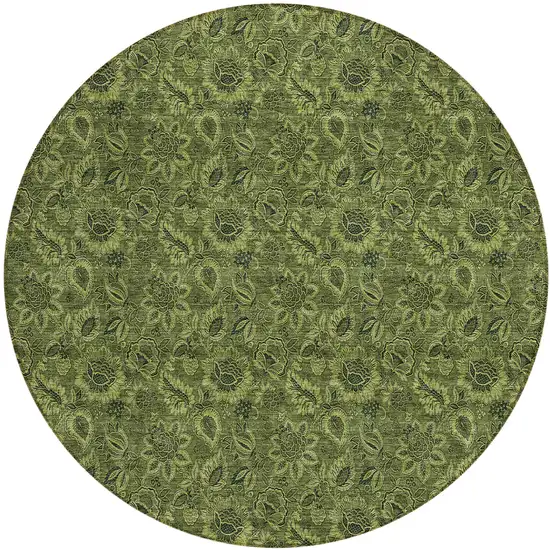 8' Olive Green And Fern Green Round Floral Washable Indoor Outdoor Area Rug Photo 2