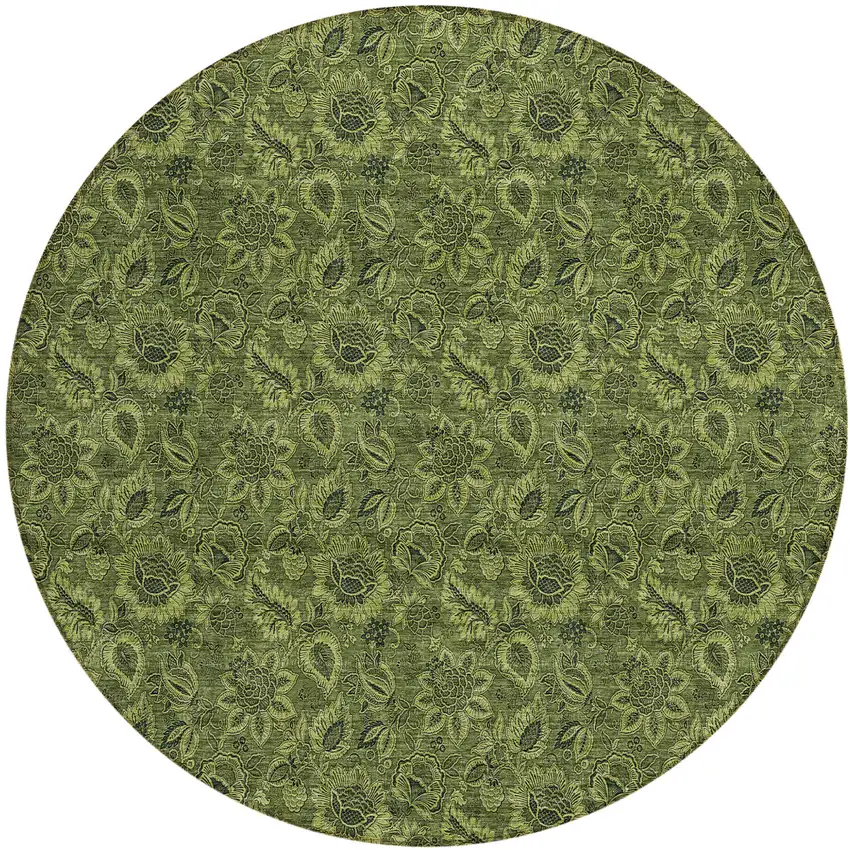 8' Olive Green And Fern Green Round Floral Washable Indoor Outdoor Area Rug Photo 2
