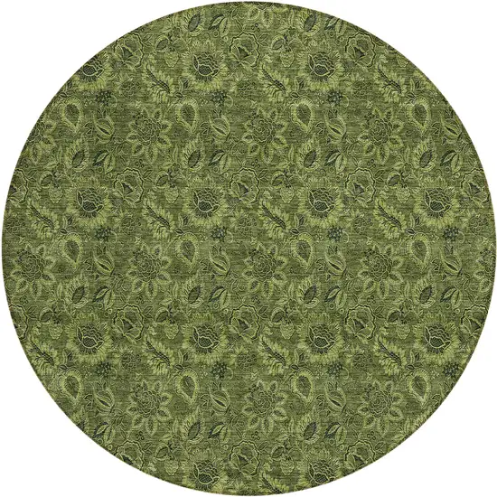 8' Olive Green And Fern Green Round Floral Washable Indoor Outdoor Area Rug Photo 2