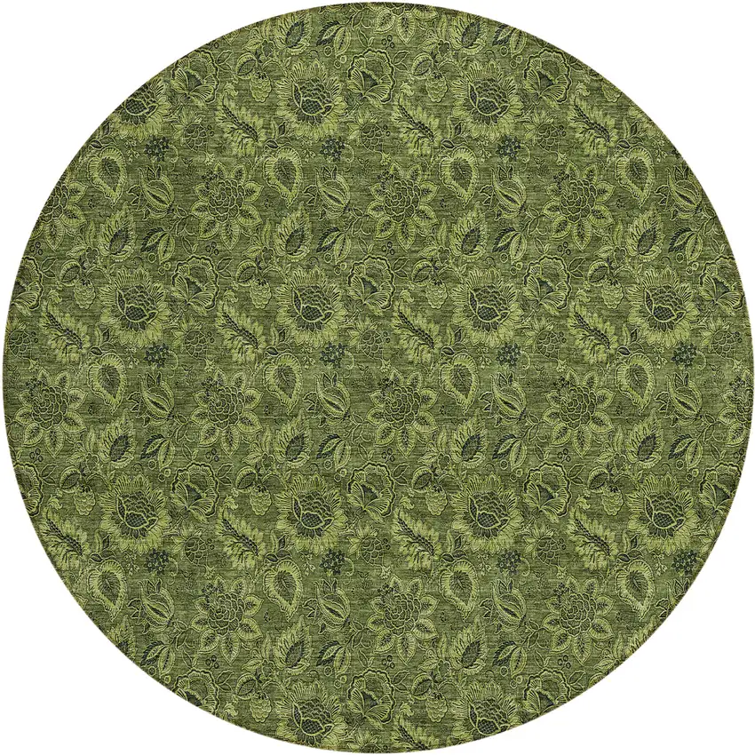 8' Olive Green And Fern Green Round Floral Washable Indoor Outdoor Area Rug Photo 2