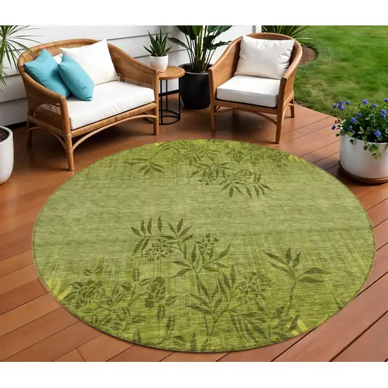8' Olive Green And Fern Green Round Floral Washable Indoor Outdoor Area Rug Photo 1