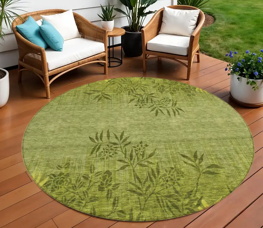8' Olive Green And Fern Green Round Floral Washable Indoor Outdoor Area Rug Photo 1