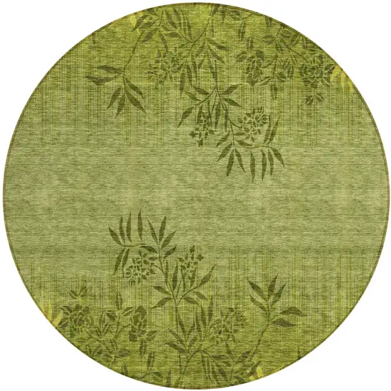 8' Olive Green And Fern Green Round Floral Washable Indoor Outdoor Area Rug Photo 2