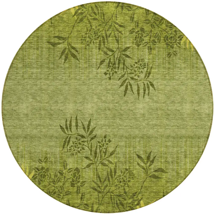 8' Olive Green And Fern Green Round Floral Washable Indoor Outdoor Area Rug Photo 2