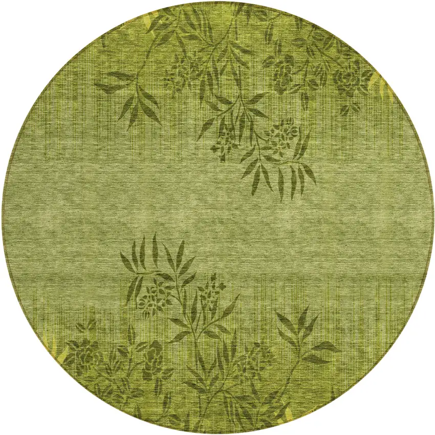 8' Olive Green And Fern Green Round Floral Washable Indoor Outdoor Area Rug Photo 2