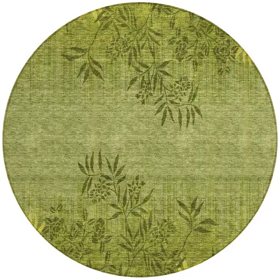 8' Olive Green And Fern Green Round Floral Washable Indoor Outdoor Area Rug Photo 7