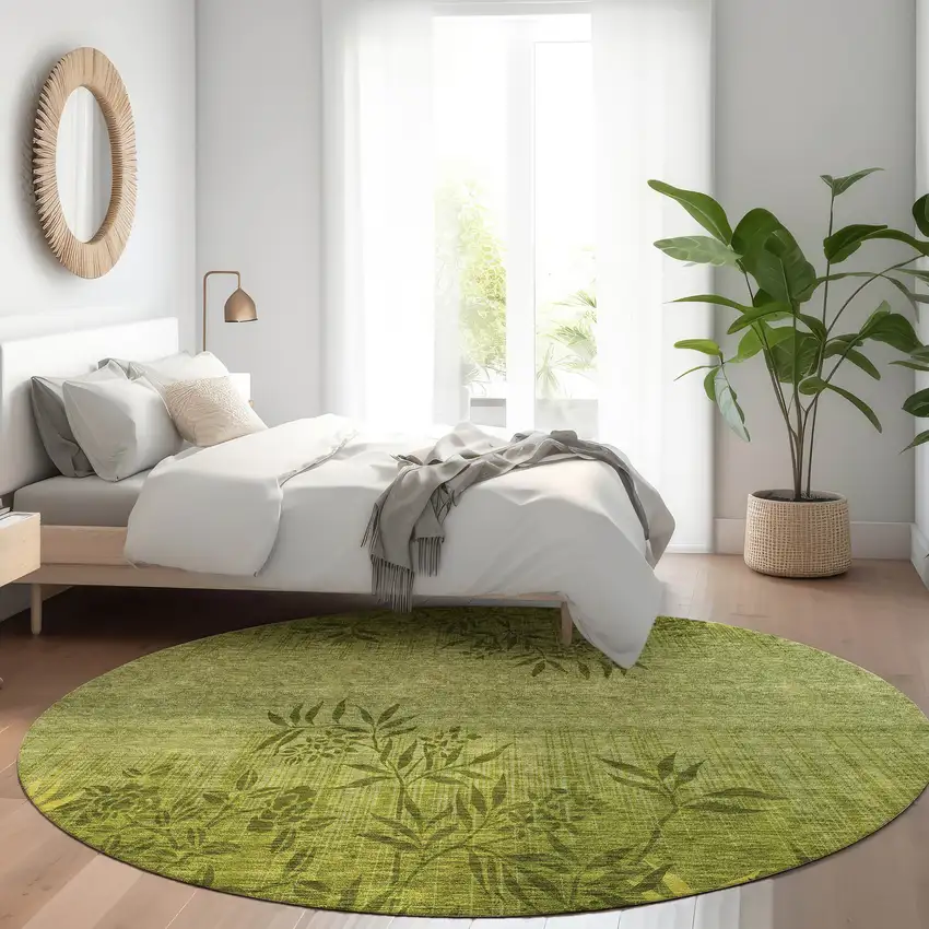 8' Olive Green And Fern Green Round Floral Washable Indoor Outdoor Area Rug Photo 9