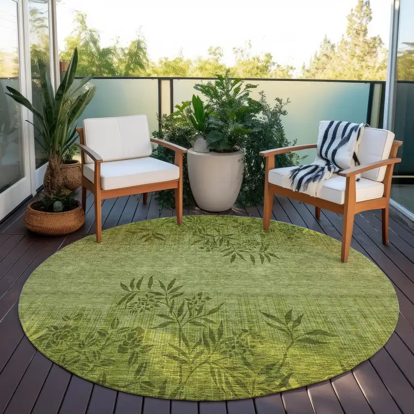 8' Olive Green And Fern Green Round Floral Washable Indoor Outdoor Area Rug Photo 8