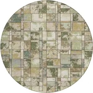 Photo of 8' Olive Green And Fern Green Round Geometric Washable Indoor Outdoor Area Rug