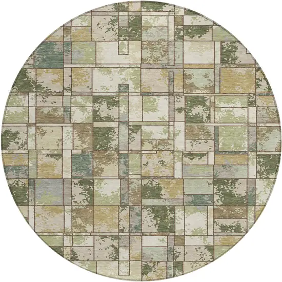 8' Olive Green And Fern Green Round Geometric Washable Indoor Outdoor Area Rug Photo 1