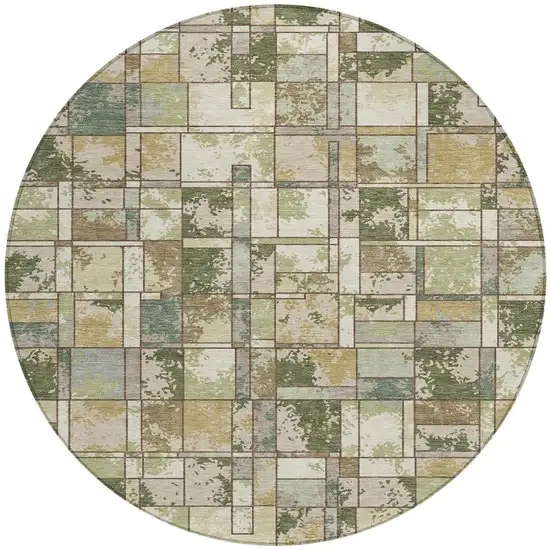 8' Olive Green And Fern Green Round Geometric Washable Indoor Outdoor Area Rug Photo 3