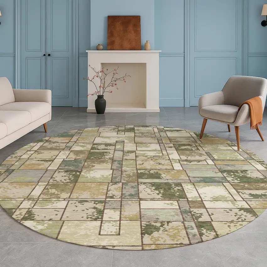 8' Olive Green And Fern Green Round Geometric Washable Indoor Outdoor Area Rug Photo 5