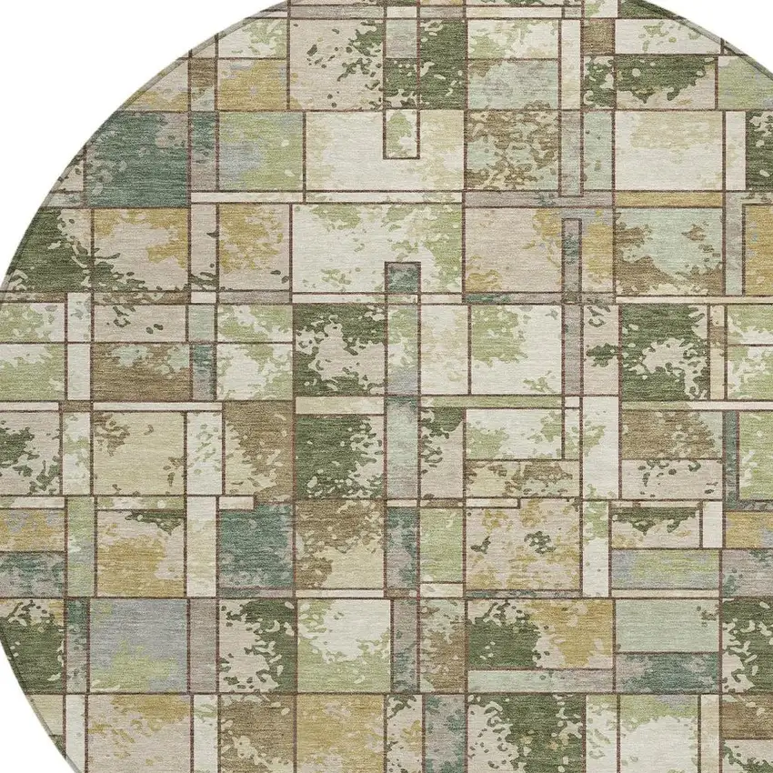 8' Olive Green And Fern Green Round Geometric Washable Indoor Outdoor Area Rug Photo 2