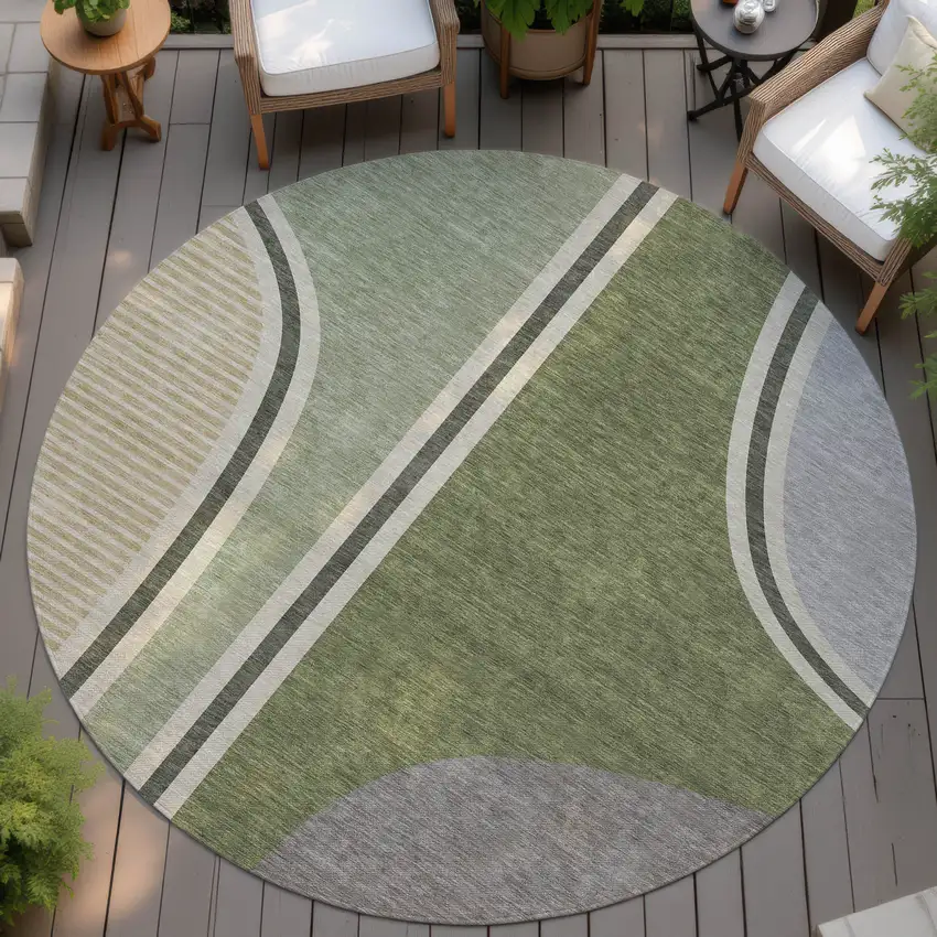 8' Olive Green And Fern Green Round Geometric Washable Indoor Outdoor Area Rug Photo 4