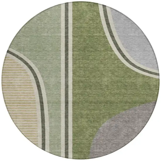8' Olive Green And Fern Green Round Geometric Washable Indoor Outdoor Area Rug Photo 3