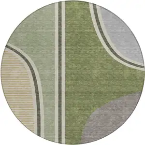 Photo of 8' Olive Green And Fern Green Round Geometric Washable Indoor Outdoor Area Rug