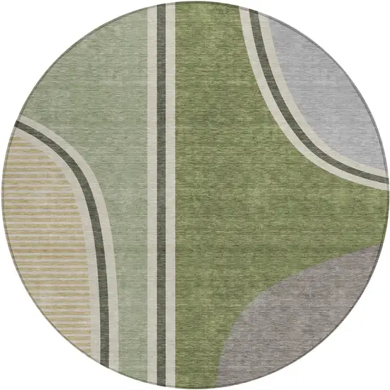 8' Olive Green And Fern Green Round Geometric Washable Indoor Outdoor Area Rug Photo 1