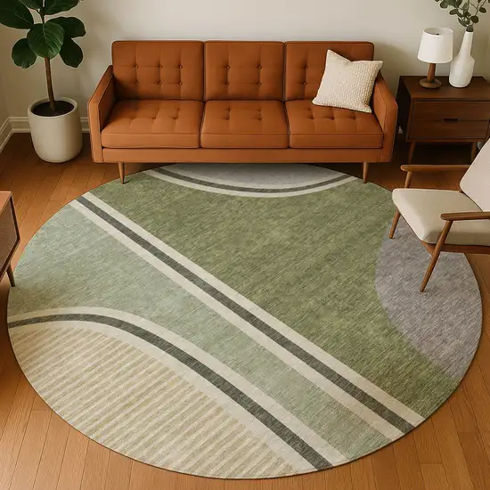 8' Olive Green And Fern Green Round Geometric Washable Indoor Outdoor Area Rug Photo 5