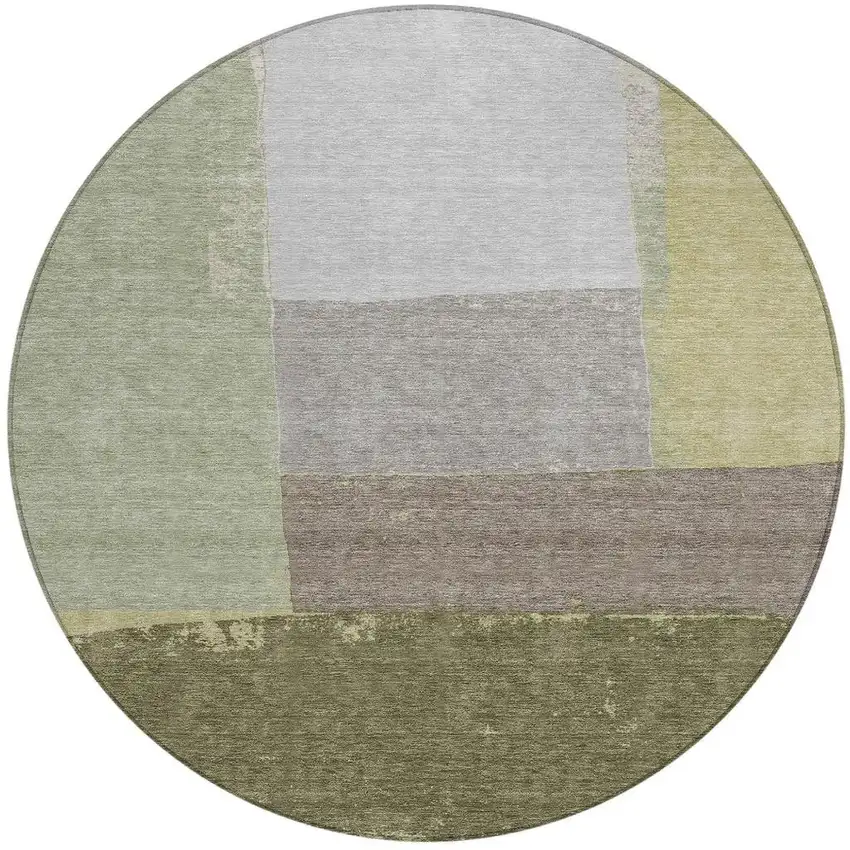 8' Olive Green And Fern Green Round Geometric Washable Indoor Outdoor Area Rug Photo 4