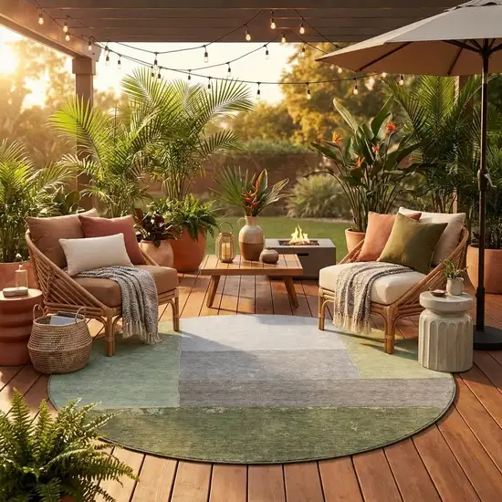 8' Olive Green And Fern Green Round Geometric Washable Indoor Outdoor Area Rug Photo 1