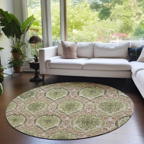 8' Olive Green And Fern Green Round Medallion Washable Indoor Outdoor Area Rug Photo 8