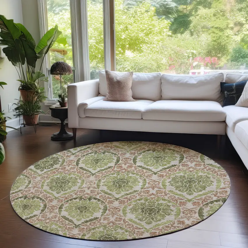 8' Olive Green And Fern Green Round Medallion Washable Indoor Outdoor Area Rug Photo 8