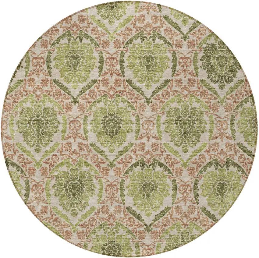 8' Olive Green And Fern Green Round Medallion Washable Indoor Outdoor Area Rug Photo 6