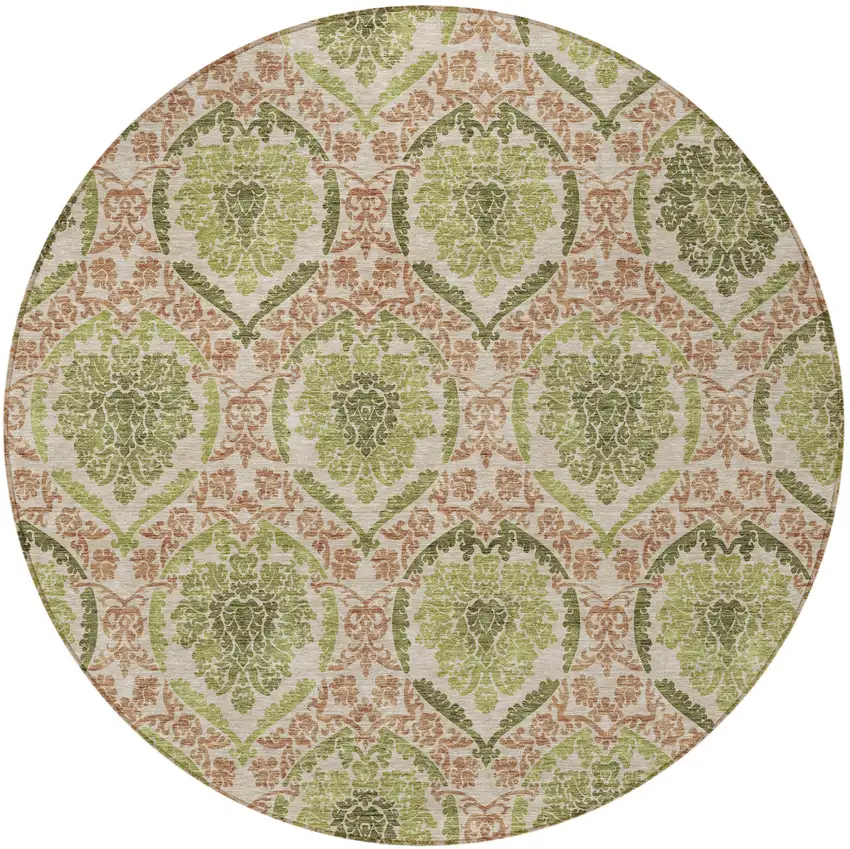 8' Olive Green And Fern Green Round Medallion Washable Indoor Outdoor Area Rug Photo 6
