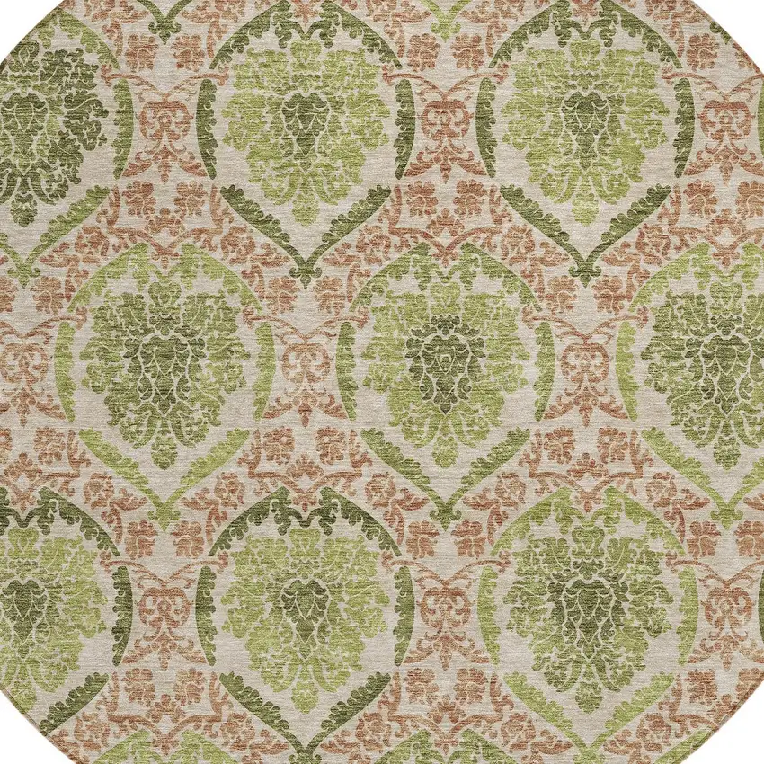 8' Olive Green And Fern Green Round Medallion Washable Indoor Outdoor Area Rug Photo 5