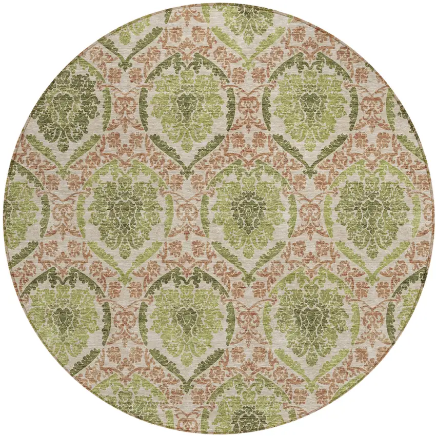 8' Olive Green And Fern Green Round Medallion Washable Indoor Outdoor Area Rug Photo 2