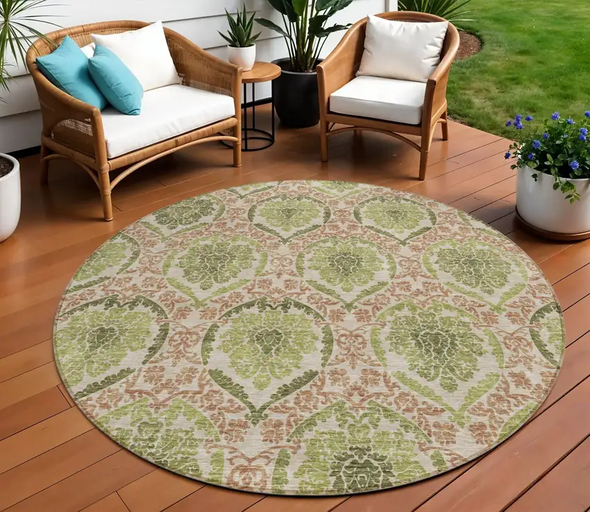 8' Olive Green And Fern Green Round Medallion Washable Indoor Outdoor Area Rug Photo 1