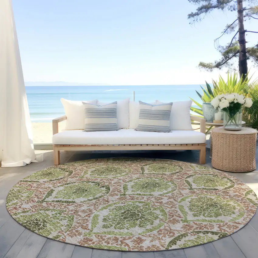 8' Olive Green And Fern Green Round Medallion Washable Indoor Outdoor Area Rug Photo 7