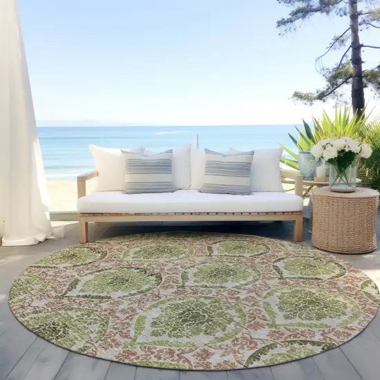 8' Olive Green And Fern Green Round Medallion Washable Indoor Outdoor Area Rug Photo 7