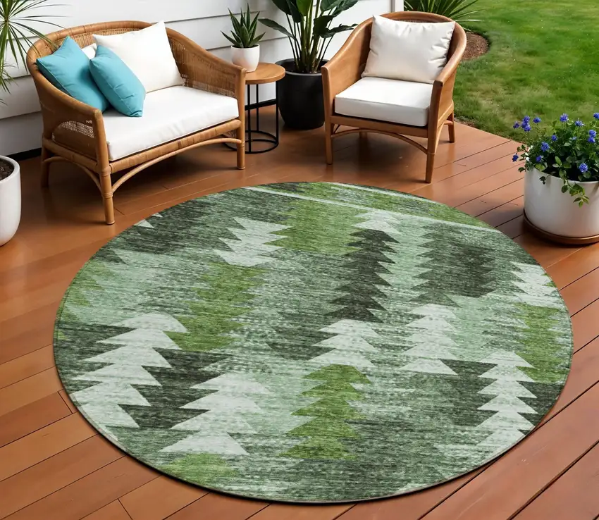 8' Olive Green And Fern Green Round Southwestern Washable Indoor Outdoor Area Rug Photo 1