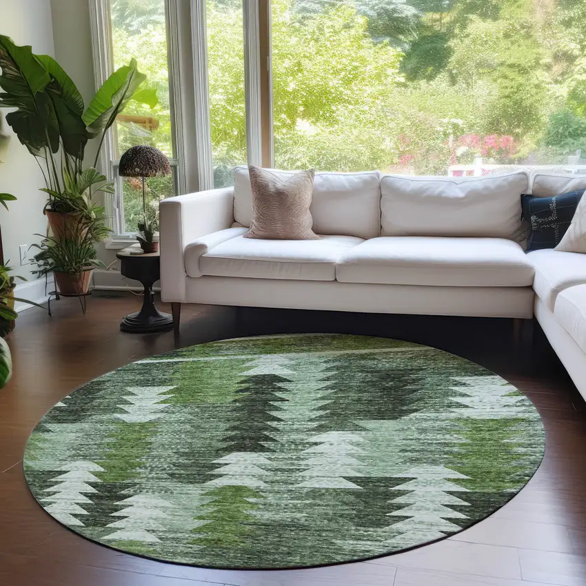 8' Olive Green And Fern Green Round Southwestern Washable Indoor Outdoor Area Rug Photo 7