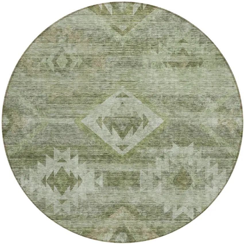 8' Olive Green And Fern Green Round Southwestern Washable Indoor Outdoor Area Rug Photo 2