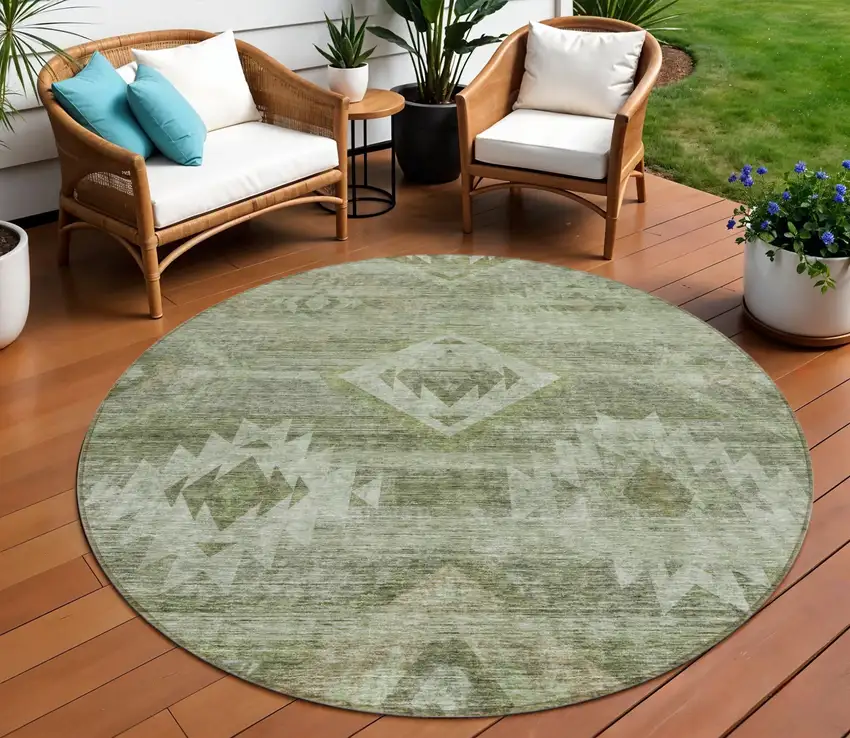 8' Olive Green And Fern Green Round Southwestern Washable Indoor Outdoor Area Rug Photo 1
