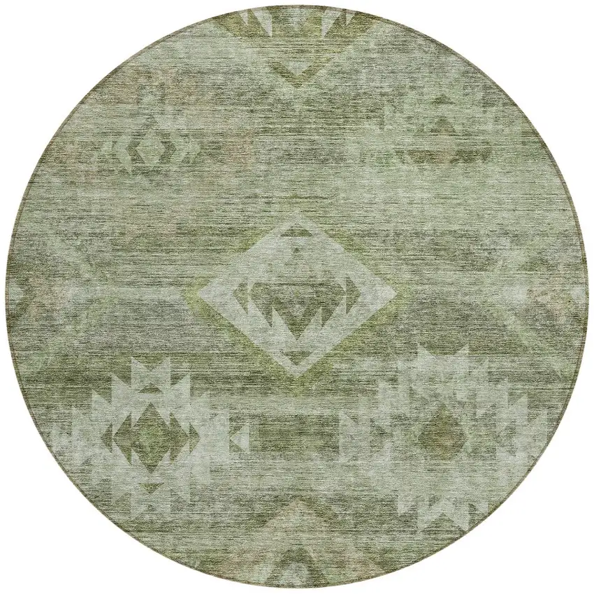 8' Olive Green And Fern Green Round Southwestern Washable Indoor Outdoor Area Rug Photo 5