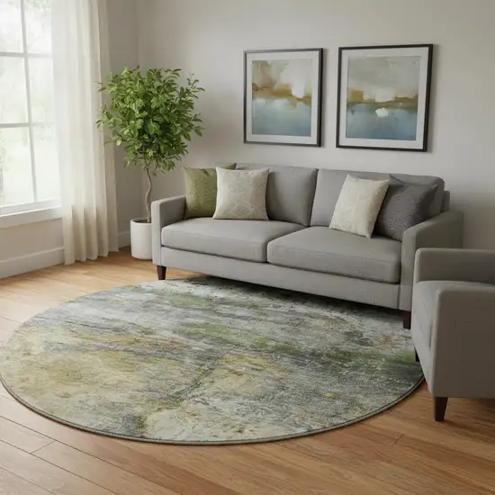 8' Olive Green And Gold Abstract Washable Round Rug With UV Protection Photo 2