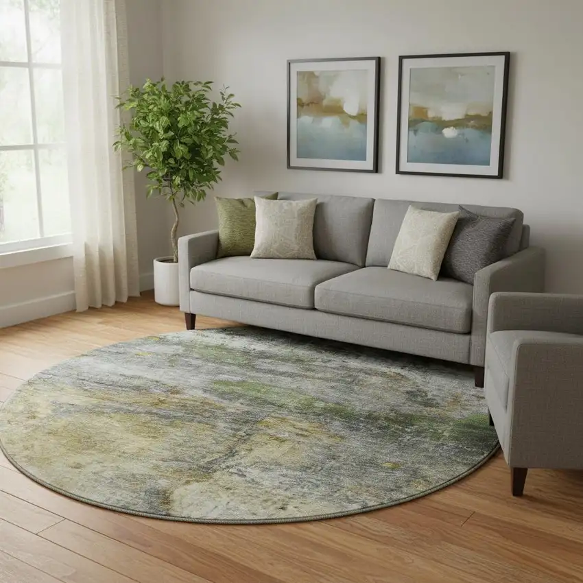 8' Olive Green And Gold Abstract Washable Round Rug With UV Protection Photo 2