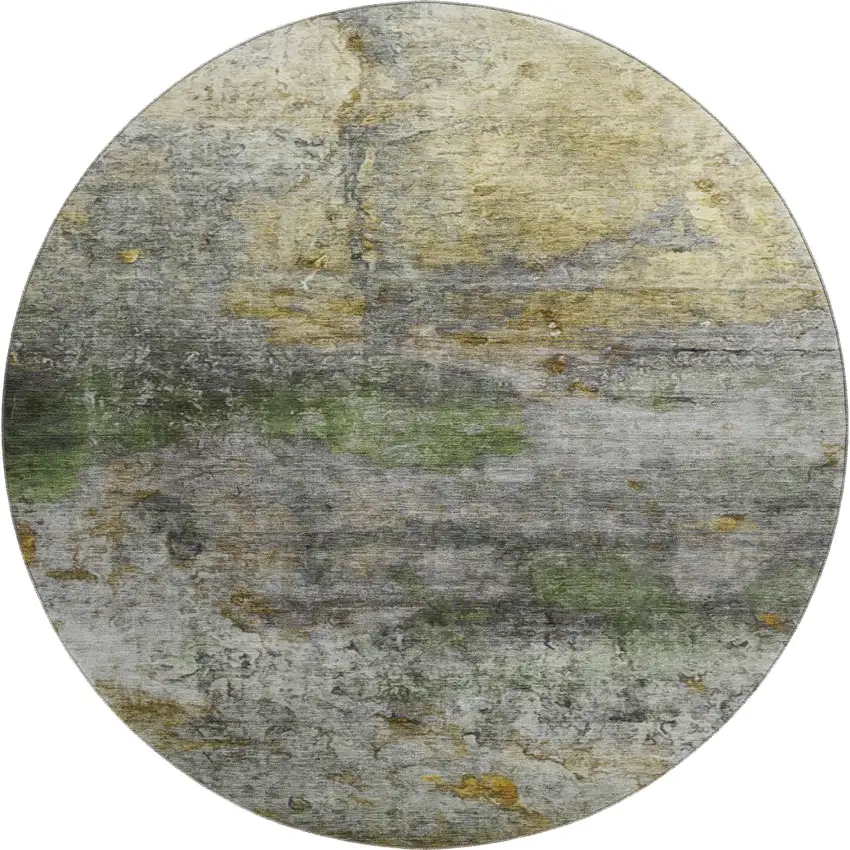 8' Olive Green And Gold Abstract Washable Round Rug With UV Protection Photo 1