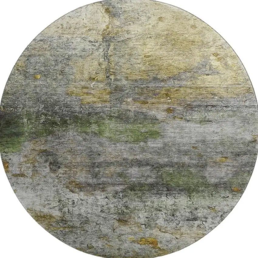 8' Olive Green And Gold Abstract Washable Round Rug With UV Protection Photo 4