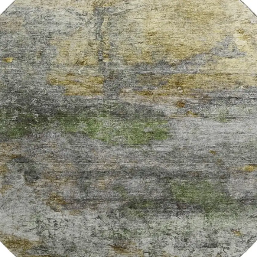 8' Olive Green And Gold Abstract Washable Round Rug With UV Protection Photo 3