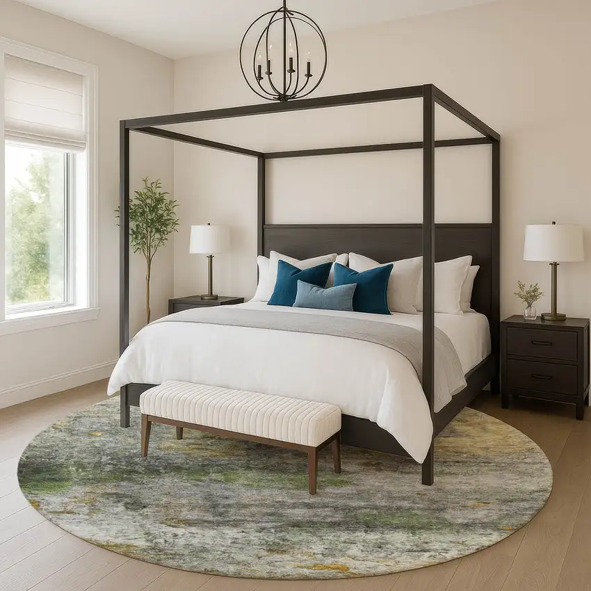 8' Olive Green And Gold Abstract Washable Round Rug With UV Protection Photo 5