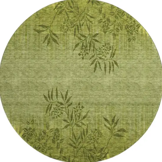 8' Olive Green And Gold Floral Washable Round Rug With UV Protection Photo 4