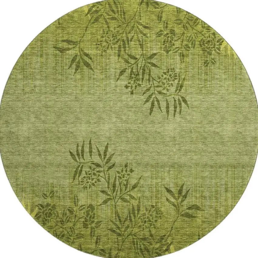 8' Olive Green And Gold Floral Washable Round Rug With UV Protection Photo 4