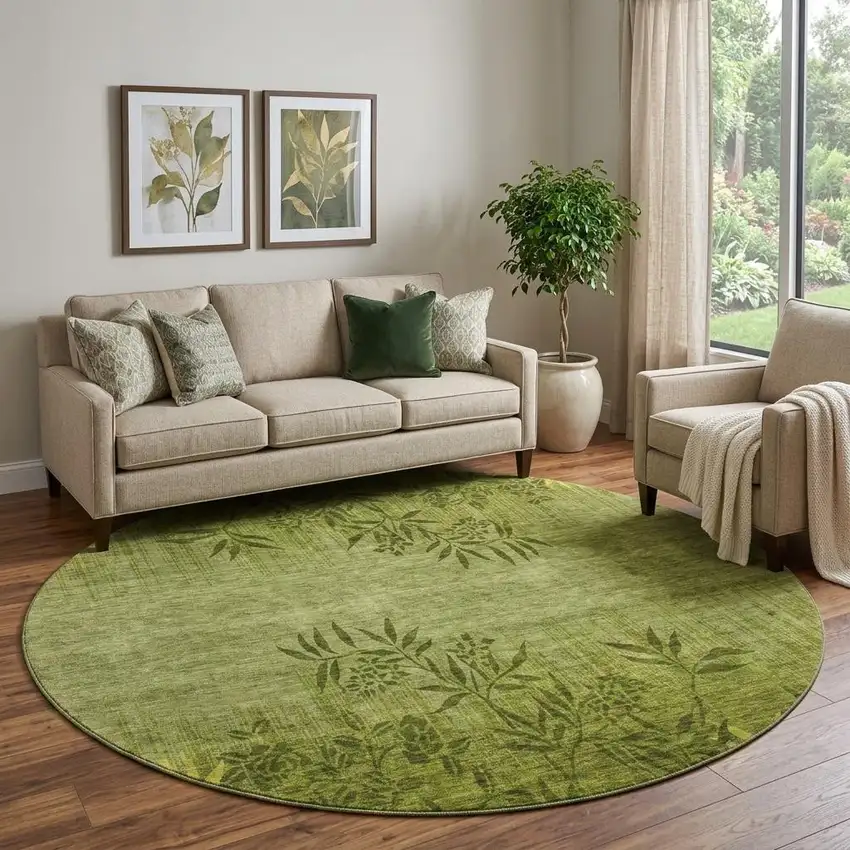 8' Olive Green And Gold Floral Washable Round Rug With UV Protection Photo 1